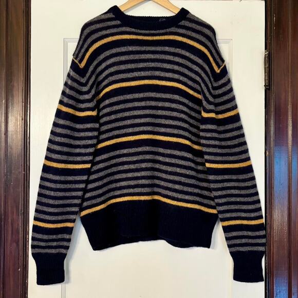 Vintage Carl Michaels 100% Wool Navy Blue Gray & Yellow Crewneck Sweater- Large - Picture 2 of 6